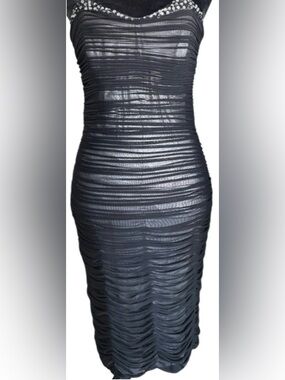 Badgley Mischka Collection Black Ruched Crystal Midi Dress